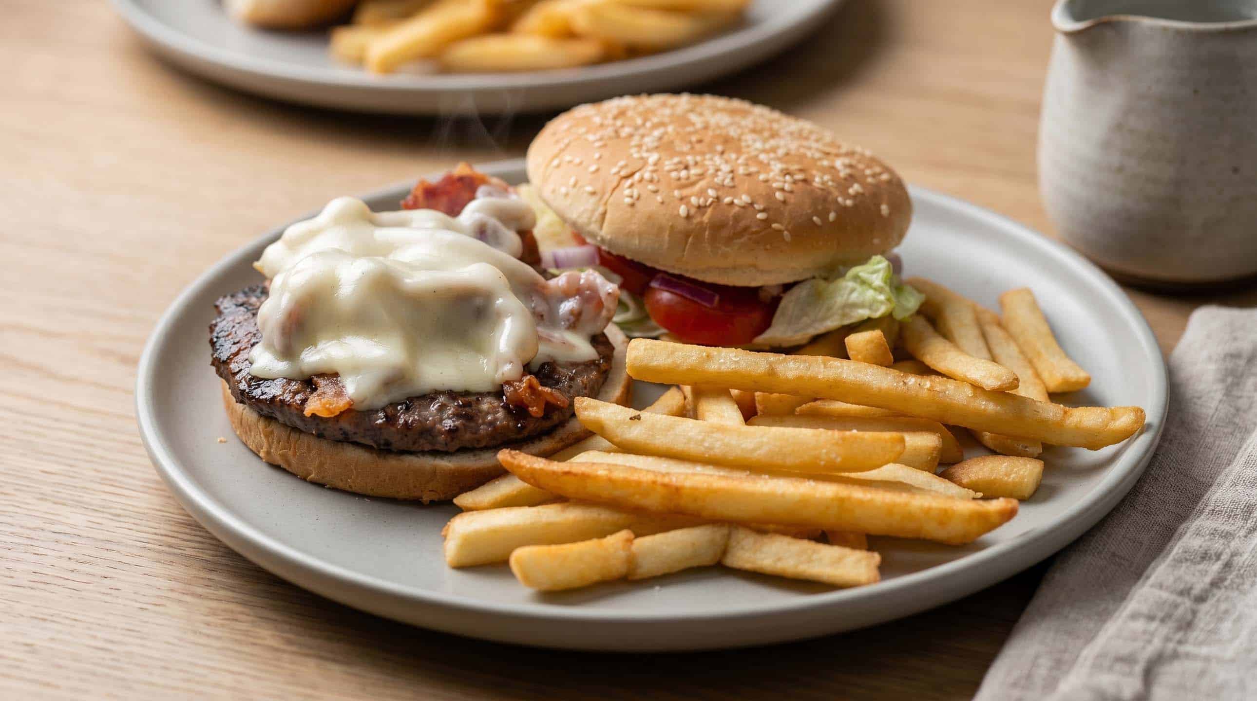 Cheeseburger with melted cheese served with a side of crispy fries