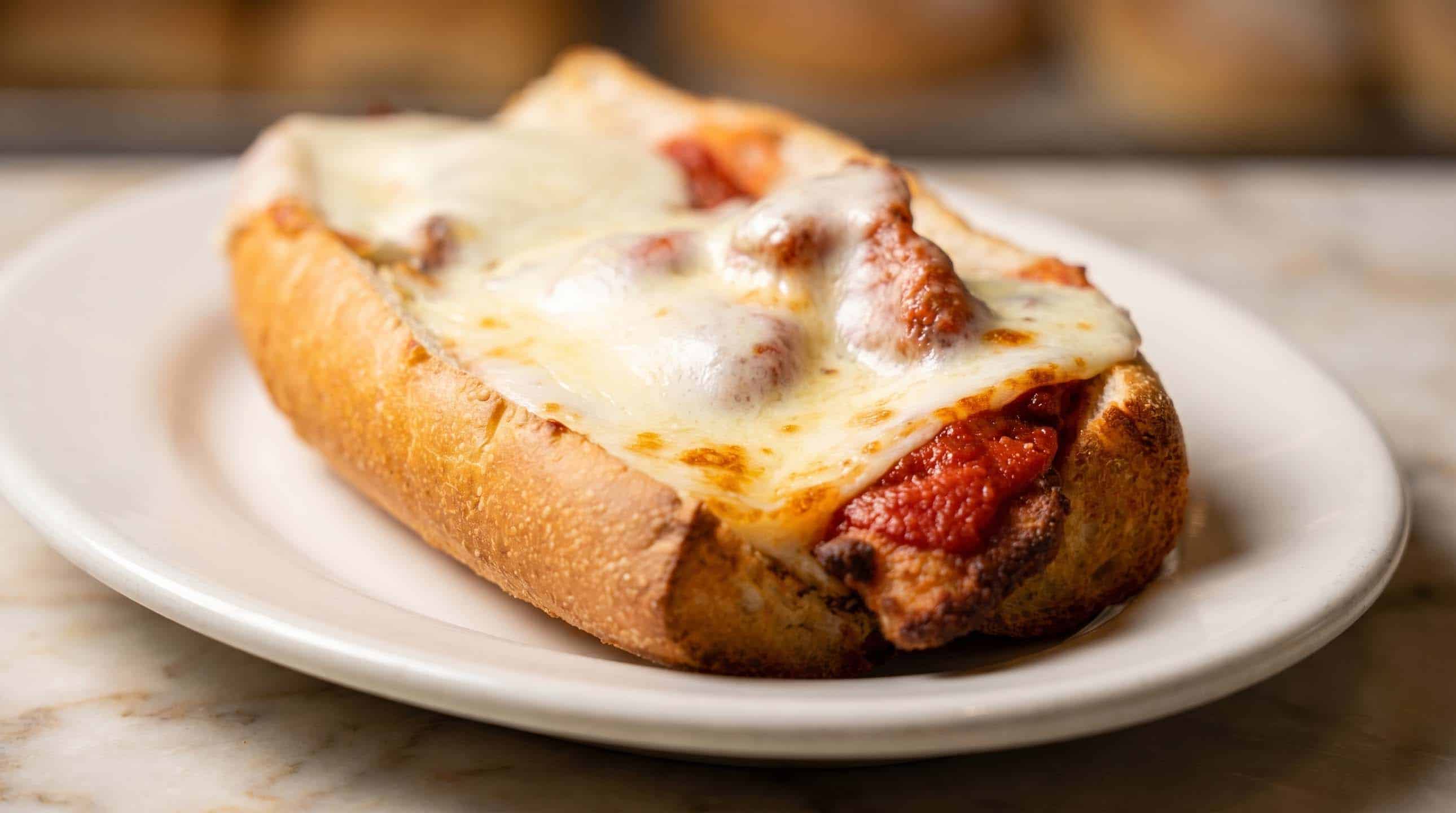 Chicken parmigiana sub with melted mozzarella and marinara on a toasted roll