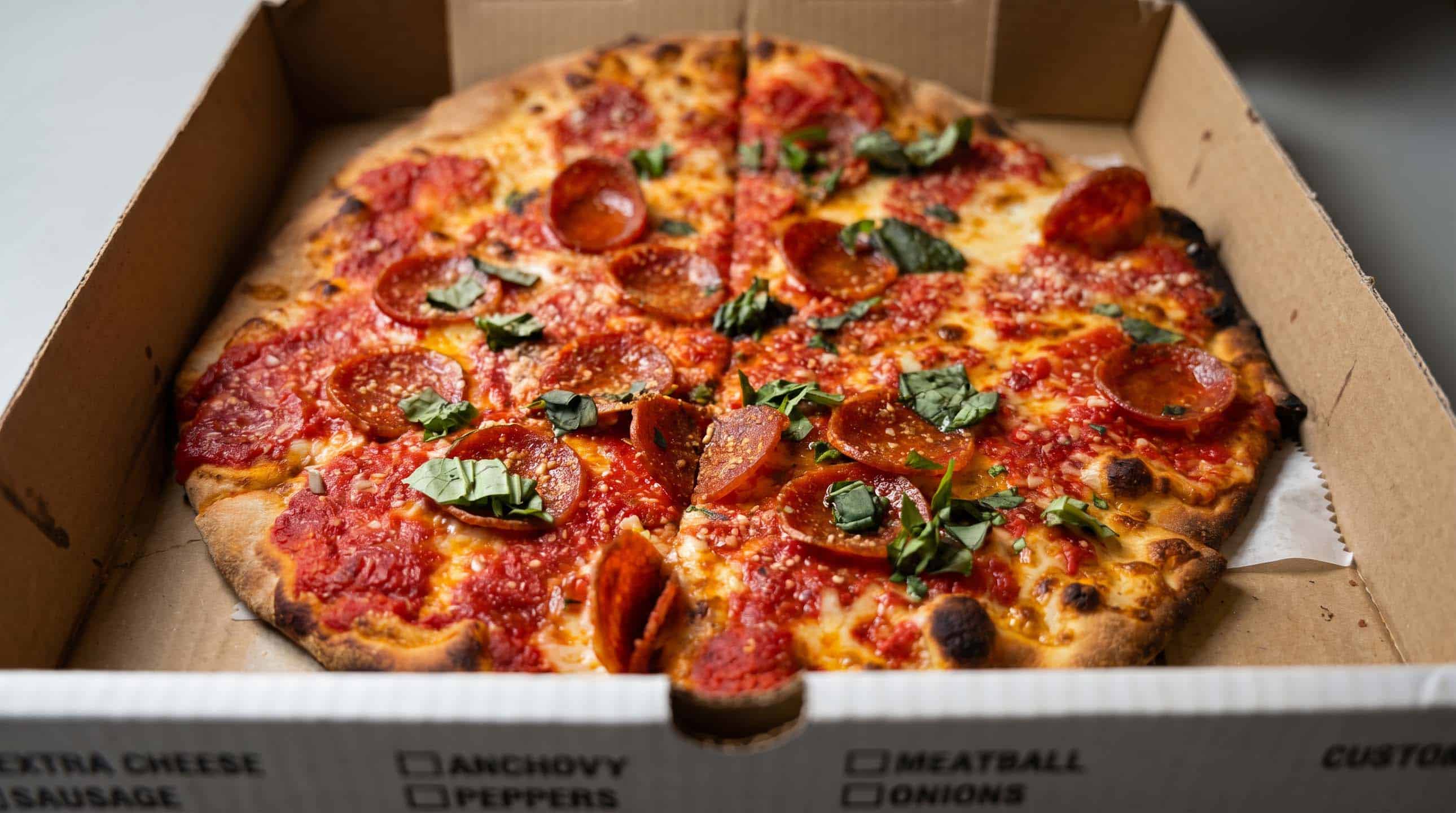 Fresh pepperoni pizza topped with basil, served in a pizza box